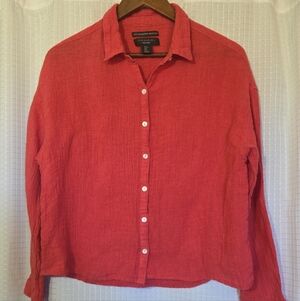 TAHARI Crinkled Texture 100% European Linen Long Sleeve Button Down Shirt Large